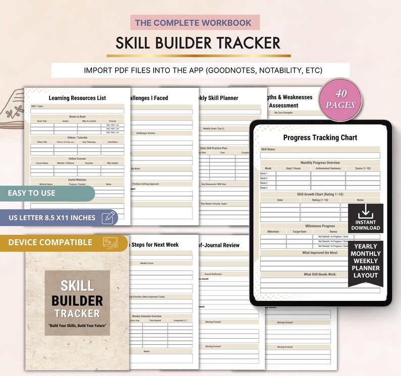 Peut inclure: Un cahier de travail "Skill Builder Tracker" avec des pages pour la planification des comp&eacute;tences et le suivi des progr&egrave;s. Comprend une "Liste des ressources d'apprentissage" et un "Tableau de suivi des progr&egrave;s". Format US Letter, environ 21,6 x 27,9 cm, compatible avec les appareils.