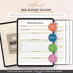 May include: A digital skill builder tracker with the text "Ultimate Skill Builder Tracker". The image shows a weekly skill planner template with sections for goals and daily practice plans. Features include instant download and multiple device compatibility.