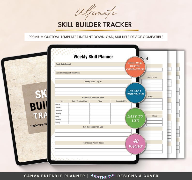 Peut inclure: Un outil num&eacute;rique de suivi de d&eacute;veloppement des comp&eacute;tences avec le texte "Ultimate Skill Builder Tracker". L'image montre un mod&egrave;le de planificateur hebdomadaire avec des sections pour les objectifs et les plans de pratique quotidiens.