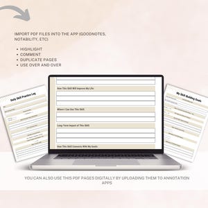 Peut inclure: Un ordinateur portable affichant un planificateur num&eacute;rique avec des sections pour le d&eacute;veloppement des comp&eacute;tences. Deux pages de planificateur imprim&eacute;es accompagnent l'ordinateur portable. Le texte de l'image comprend "Daily Skill Practice Log" et "My Skill-Building Goals".