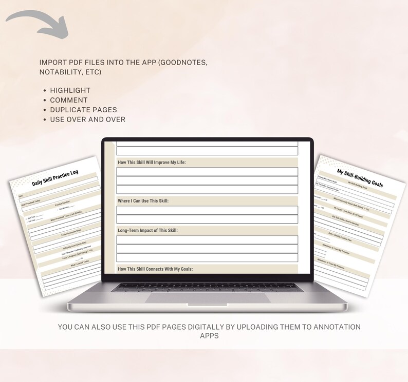 Peut inclure: Un ordinateur portable affichant un planificateur num&eacute;rique avec des sections pour le d&eacute;veloppement des comp&eacute;tences. Deux pages de planificateur imprim&eacute;es accompagnent l'ordinateur portable. Le texte de l'image comprend "Daily Skill Practice Log" et "My Skill-Building Goals".