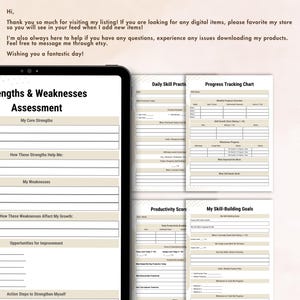 Peut inclure: Un ensemble t&eacute;l&eacute;chargeable de feuilles de calcul imprimables pour l'auto-&eacute;valuation et le d&eacute;veloppement des comp&eacute;tences. Comprend une &eacute;valuation des forces et faiblesses, un tableau de suivi des progr&egrave;s et des objectifs. Le texte dit "Strengths & Weaknesses Assessment".