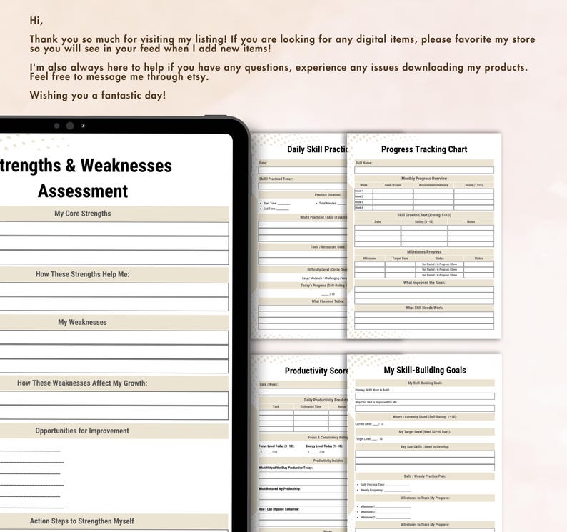 Peut inclure: Un ensemble t&eacute;l&eacute;chargeable de feuilles de calcul imprimables pour l'auto-&eacute;valuation et le d&eacute;veloppement des comp&eacute;tences. Comprend une &eacute;valuation des forces et faiblesses, un tableau de suivi des progr&egrave;s et des objectifs. Le texte dit "Strengths & Weaknesses Assessment".