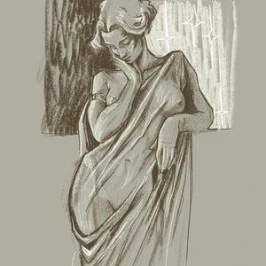Estudio de una estatua - Impresión artística en miniatura de 5 x 7 / Obra de arte clásica dibujada a mano / Arte de pared clásico elegante / Ilustración atemporal dibujada a mano