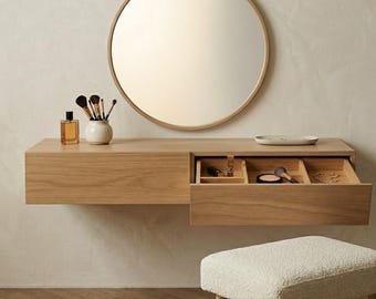 Floating Oak Vanity Desk with Drawers, Wall Mounted Makeup Table, Minimalist Small Space Vanity