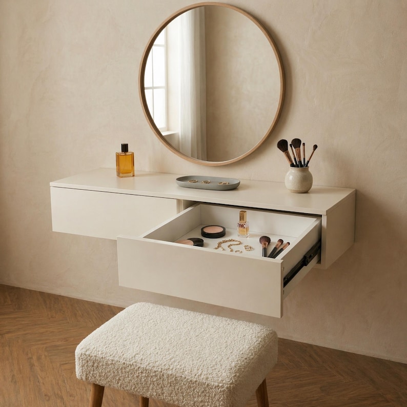 May include: A white floating vanity with an open drawer revealing makeup and jewelry. A round mirror with a wooden frame hangs above the vanity. A small, white, upholstered stool sits below the vanity.