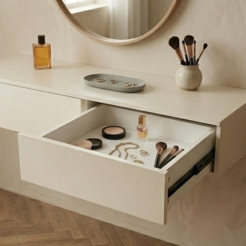 May include: A white floating vanity with an open drawer revealing makeup and jewelry. A round mirror hangs above the vanity. A perfume bottle and a small vase with makeup brushes sit on the vanity surface. A gray oval tray holds rings.