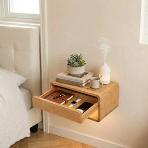 Mesita de noche flotante de bambú, mesa auxiliar de pared con cajón, mueble minimalista para espacios pequeños.