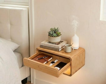 Mesita de noche flotante de bambú, mesa auxiliar de pared con cajón, mueble minimalista para espacios pequeños.