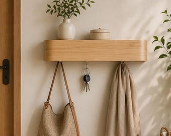 Light Oak Floating Shelf with Hidden Hooks, Minimalist Entryway Organizer Storage