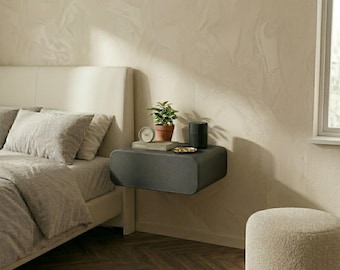 Mesa de cabeceira flutuante curva cinza, prateleira minimalista de parede com gaveta.