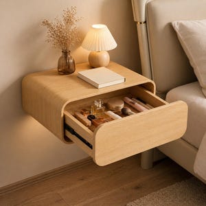 May include: A light wood floating nightstand with a drawer, a small lamp, and a vase with dried flowers. The drawer is open, revealing cosmetics and beauty products. A book rests on the nightstand's surface, next to the lamp.