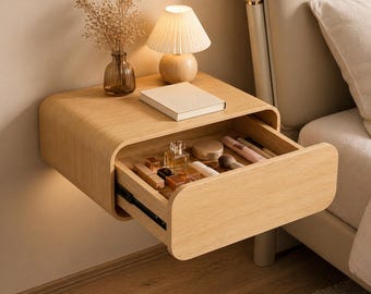 Floating Nightstand with Drawer, Light Oak Wall Mounted Bedside Table, Minimalist Storage for Small Spaces, Modern Vanity Shelf