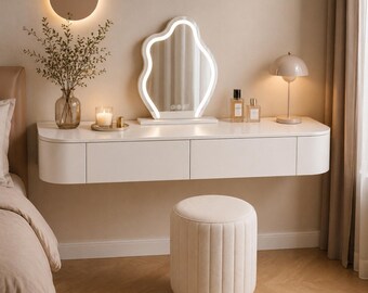 Modern White Floating Vanity Minimalist Curved Dressing Table with Drawers