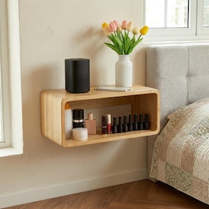 Floating Wood Nightstand, Wall Mounted Bedside Table, Minimalist Storage Shelf for Small Space