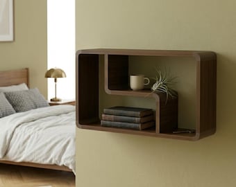 フローティングウォールナットナイトスタンド、壁掛け式ベッドサイドテーブル（収納付き）、ミニマルな木製棚