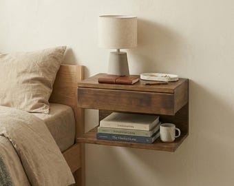 Walnut Floating Nightstand with Drawer – Mid Century Modern Wall Shelf