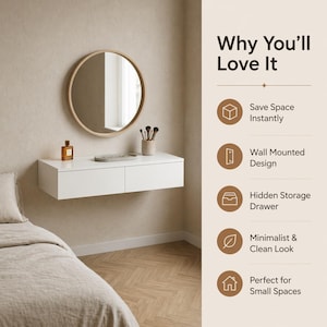 May include: A white floating vanity with two drawers, a round mirror with a wooden frame, and a small perfume bottle. The text "Why You'll Love It" is displayed with bullet points highlighting features like space-saving design and hidden storage.