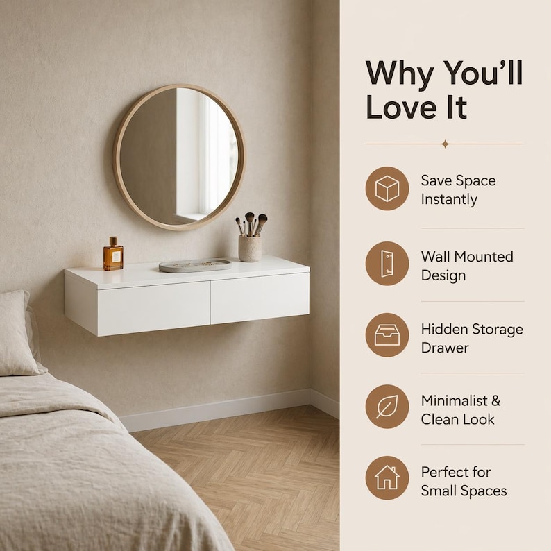 May include: A white floating vanity with two drawers, a round mirror with a wooden frame, and a small perfume bottle. The text "Why You'll Love It" is displayed with bullet points highlighting features like space-saving design and hidden storage.
