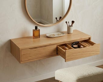 引き出し付きフローティングオーク化粧台、壁掛けメイクアップテーブル、ミニマリスト小型化粧台