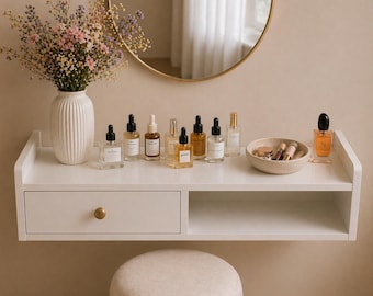 Tocador flotante con cajón, mesa de maquillaje de pared, tocador para espacios pequeños, mesita de noche minimalista