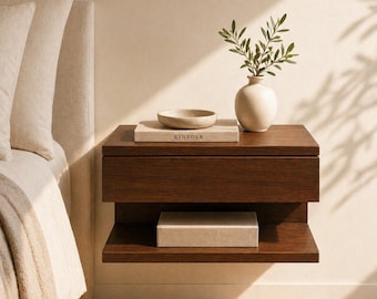 Narrow Floating Nightstand Walnut Wood Wall Mounted Bedside Table with Drawer Small Space Storage Mid Century Modern Side Shelf