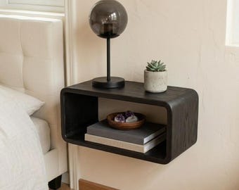 Black Floating Nightstand, Wall Mounted Bedside Table, Small Wood Bedside Shelf, Minimalist Bedroom Storage