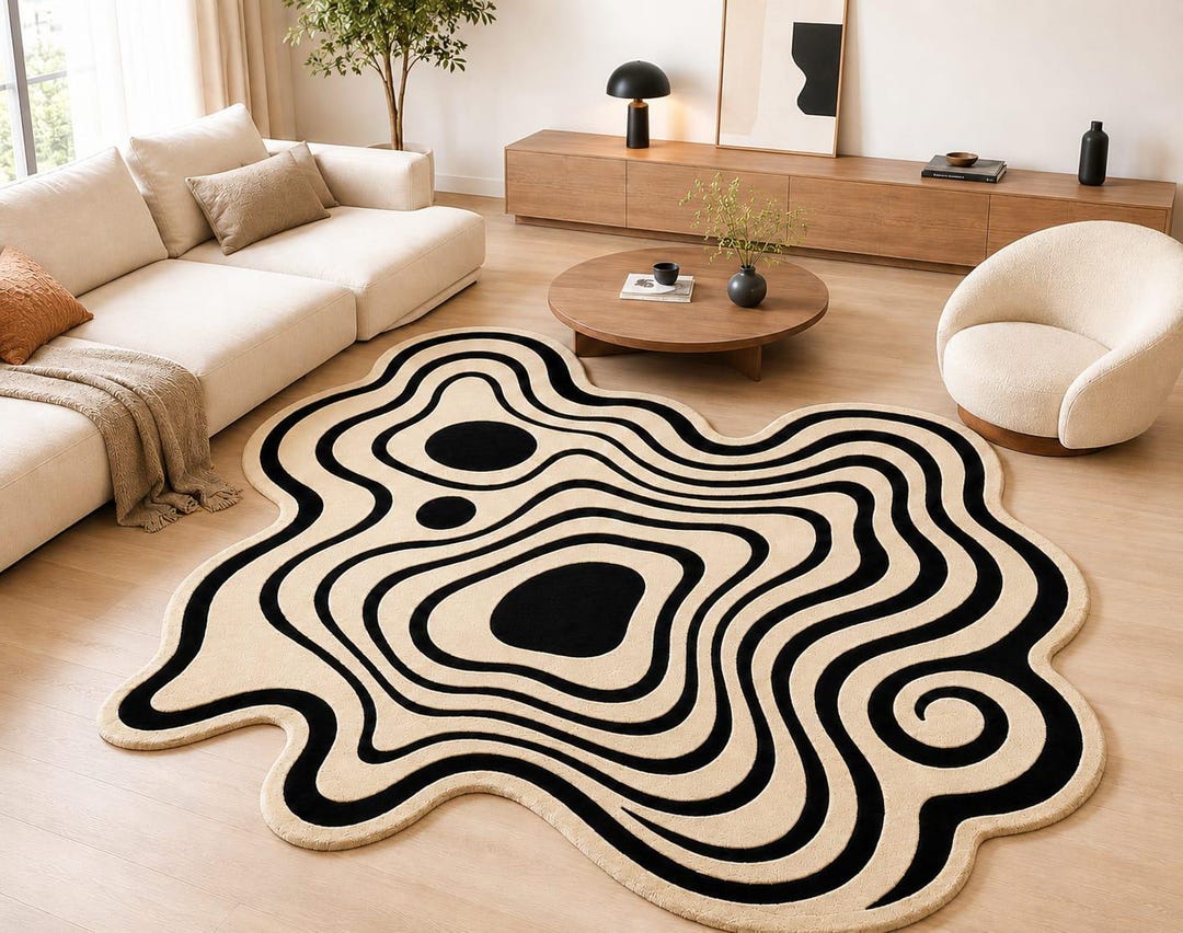 Modern Abstract Black & Cream Hand Tufted Rug | Irregular Wave Shape ...