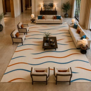 Hand Tufted Loop Pile Rug, Modern Wave Wool Area Rug, Cream Blue Abstract Carpet, Handmade Living Room Rug, Custom Size
