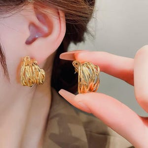 Gold Stainless Steel Multi Row Hoop Earring, Chunky Layered Intertwined Studs for Women, Waterproof Tarnish Free Jewelry, Modern Boho Gift