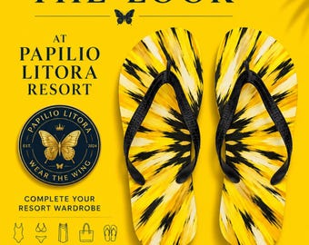 Luxury Women’s Flip Flops | Golden Sunburst Resort Sandals | Wear It First™ Grab the Look | Matching Bikini, Sarong & Tote | Papilio Litora