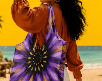 Large Canvas Tote Bag, Purple Sunburst Beach Tote, Luxury Resort Shoulder Bag, Designer Travel Shopper, Grab the Look, Papilio Litora