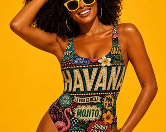 One Piece Swimsuit for Women, Havana Cuba Destination Print, Luxury Resort Wear Beachwear, Papilio Litora. Wear It First.