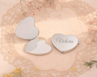 Espejo compacto personalizado con forma de corazón, espejo plegable grabado a medida, regalo para damas de honor, recuerdo de boda, regalo para su hermana o amiga, recuerdo elegante.