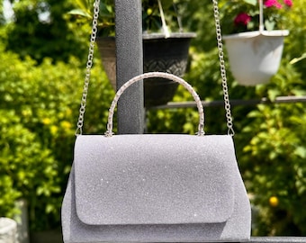 Silver Slitter Envelope Clutch Bag, Sparkling Evening Purse with Chain