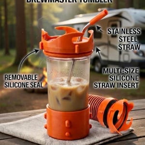 May include: A Black Tank Brewmaster tumbler with a clear body containing iced coffee, an orange lid, and an orange base. Features include a stainless steel straw, a multi-size silicone straw insert, and a removable silicone seal. The PETG base and lid are dishwasher-safe.