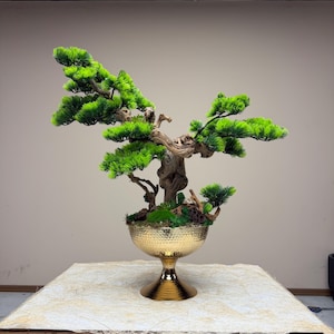 Handmade Pine Bonsai Tree – Realistic Juniper Zen Decor, Hammered Gold Pot Centerpiece