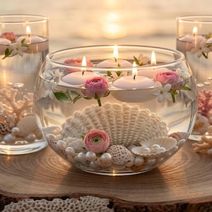 Coastal Floating Candle Trio - Strandhochzeit mit Korallen, Muscheln und Perlen