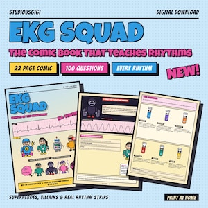 May include: A digital download comic book titled EKG SQUAD, featuring 22 pages of educational content about heart rhythms. The cover and interior pages display colorful cartoon characters, EKG strips, and 100 questions. The text includes "THE COMIC BOOK THAT TEACHES RHYTHMS" and "HEROES OF THE HEARTBEAT" in a comic book style.