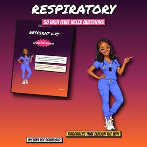 Op de afbeelding: Een digitale studiegids getiteld RESPIRATORY 50 HIGH LEVEL NCLEX QUESTIONS met een cartoonverpleegkundige in blauwe scrubs met een stethoscoop. Het document bevat tekst over oefenvragen en toelichtingen. Inclusief een directe PDF-download.