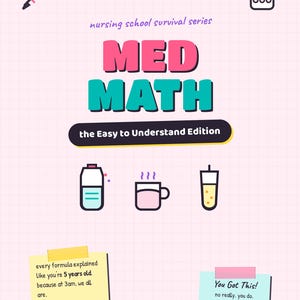 Op de afbeelding: Een digitale afbeelding met de titel nursing school survival series MED MATH the Easy to Understand Edition. Het bevat iconen van een injectiespuit, rekenmachine, fles, mok en drankje, met twee notitieblaadjes en de handle @STUDIOUSGIGI.