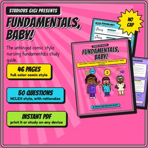 Puede incluir: Una guía de estudio de fundamentos de enfermería titulada Fundamentals, Baby! con una portada rosa e ilustraciones estilo cómic de tres personajes. La guía incluye 46 páginas a todo color, 50 preguntas estilo NCLEX con justificaciones y es un PDF.