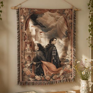 Dragon Rider Couple Tapestry Blanket | Dark Romance Fantasy Woven Throw | Bookish Wall Hanging for Fantasy Readers