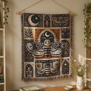 May include: A decorative wall hanging featuring a large moth design with celestial and floral elements. The tapestry is primarily black, white, and orange, with a fringed bottom edge. It is suspended from a wooden rod.