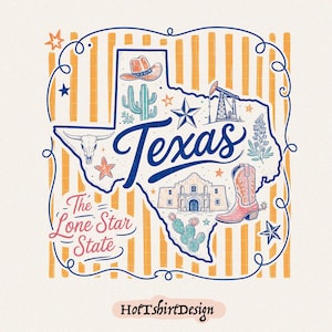 Könnte beinhalten: Eine grafische Illustration des Bundesstaates Texas mit dem Text Texas und The Lone Star State. Das Design zeigt einen Cowboyhut, einen Kaktus, einen Ölförderturm, einen Longhorn-Schädel, das Alamo und einen Cowboystiefel auf gelb gestreiftem Grund.