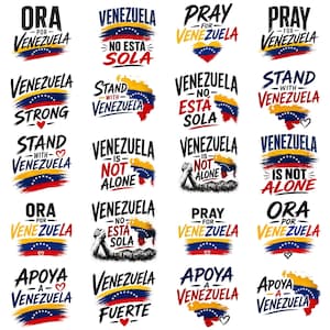 May include: A collection of twenty graphic designs featuring the Venezuelan flag colors of yellow, blue, and red. The designs include text phrases such as Ora por Venezuela, Pray for Venezuela, Stand with Venezuela, and Venezuela is not alone.