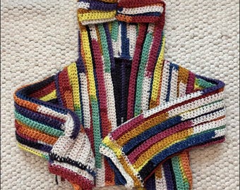 May include: A colorful, handmade crochet hooded cardigan. The open-front sweater features vertical stripes in various colors, including red, yellow, blue, and green. The sleeves and hood also display the same striped pattern. The cardigan is displayed on a neutral background.