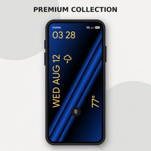 May include: A smartphone displaying a dark blue screen with diagonal light blue stripes, gold text reading PREMIUM COLLECTION, 03 28, WED AUG 12, 77 degrees, a storm icon, 5G signal, and a fingerprint sensor icon at the bottom center of the display.