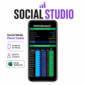 May include: A smartphone displaying a Social Studio performance dashboard with a live pulse, content metrics, and a platform breakdown table. The screen shows data for Instagram, Facebook, TikTok, and other social media platforms in an Excel template.