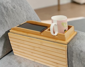 Bamboo Couch Arm Tray with Cup Holder | Sofa Armrest Organizer  Folding Tray | Remote Phone Snack Holder | Living Room Storage